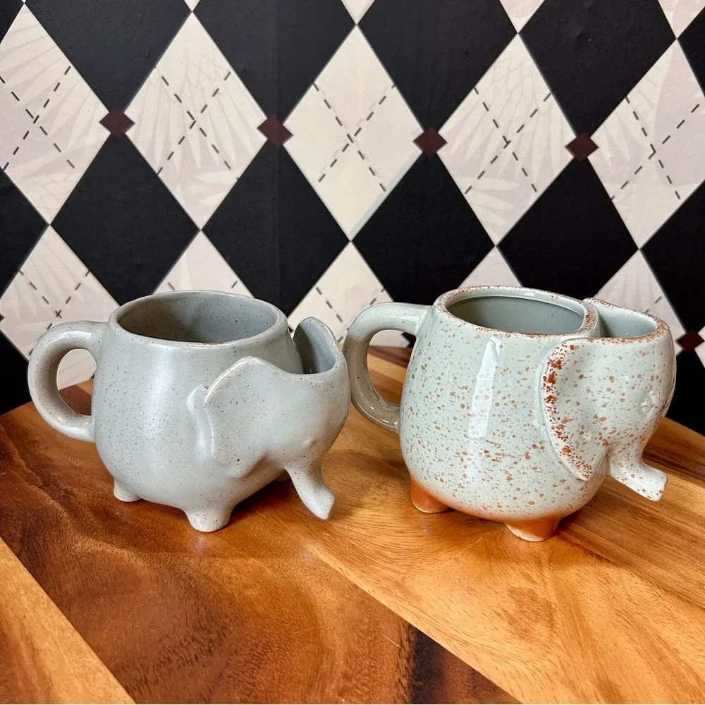 Elephant Ceramic Mugs Pair Pottery Cups with Tea Bag Holder‎ Pocket